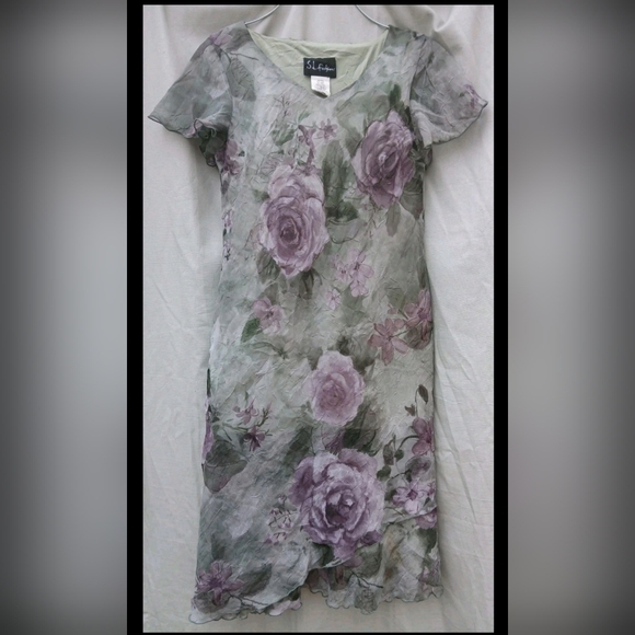 S.L. Fashions Green Floral Vintage 90's Asimmetrical Dress - Picture 1 of 11